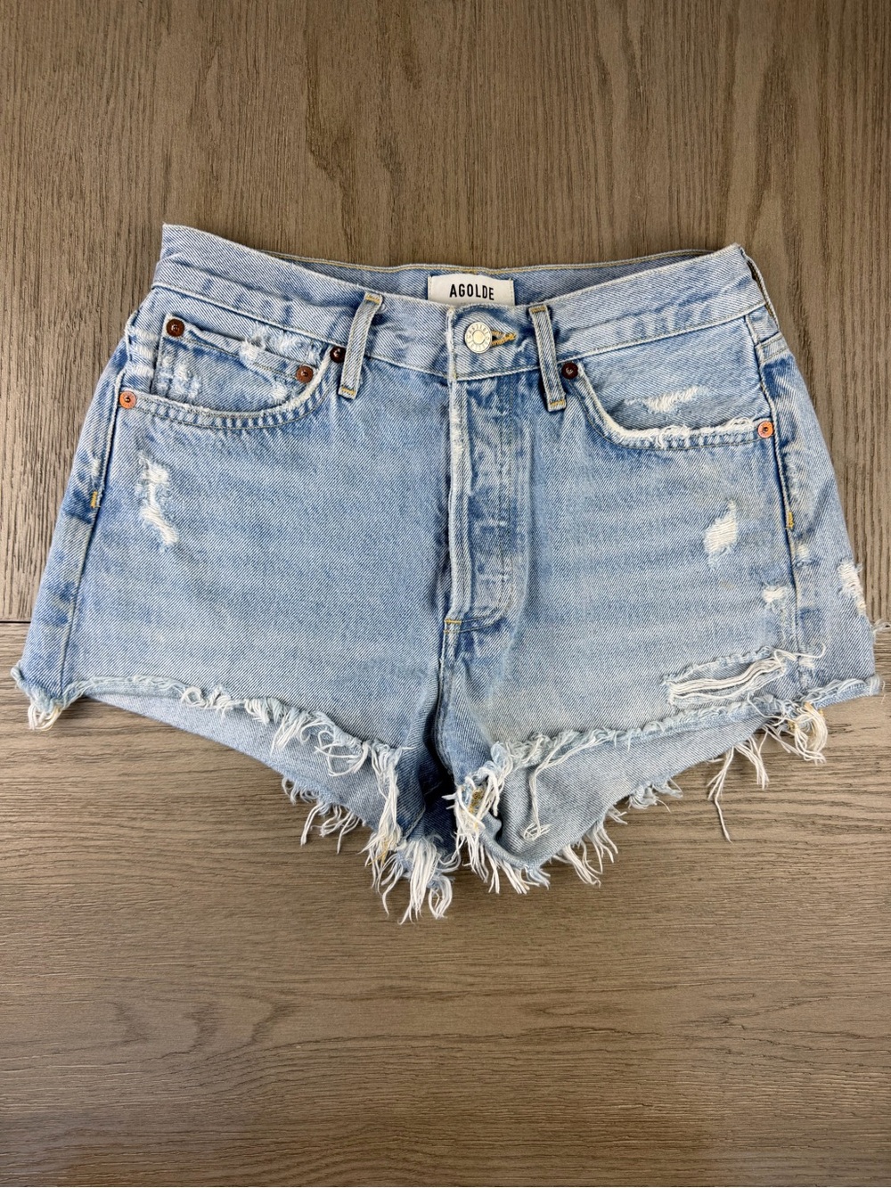 AGOLDE Parker Distressed Cutoff Denim Shorts Light Wash Button Fly Size 25